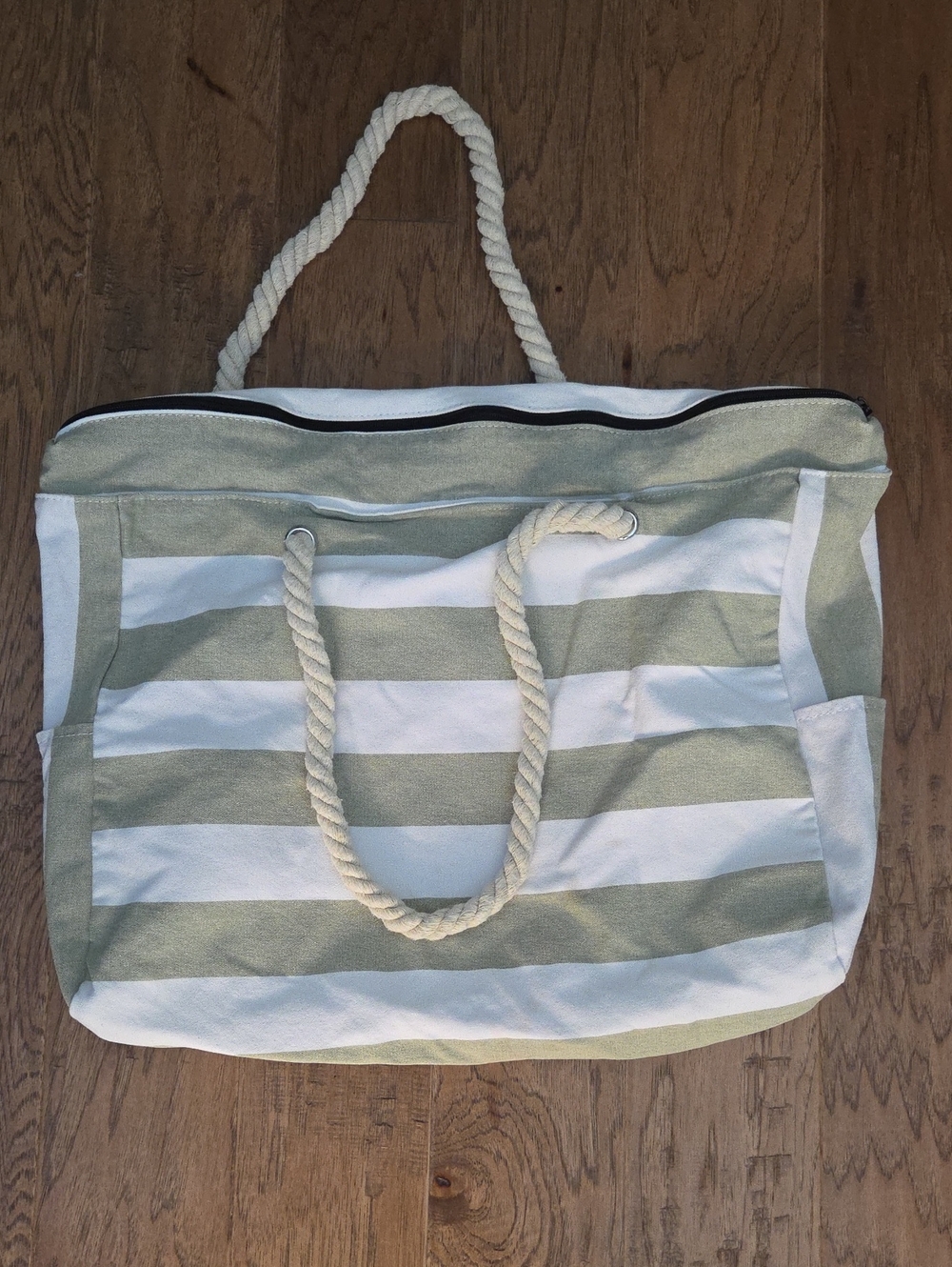 Striped Rope-Handle Beach Tote Bag in Sage and White